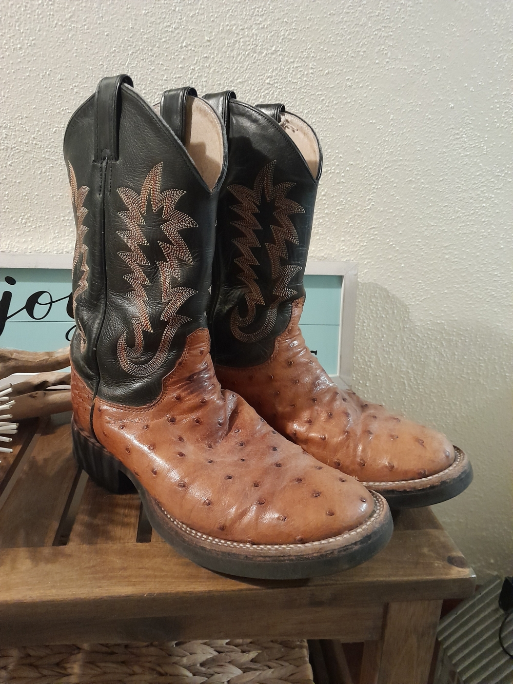 Justin Boots Two-Tone Ostrich Leather Western Boots - Black & Brown
